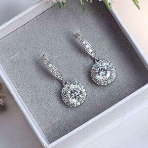 CZ Diamond Halo Earrings-APRIL Birthstone-Wedding Jewelry - - LadybugfeetDesigns -