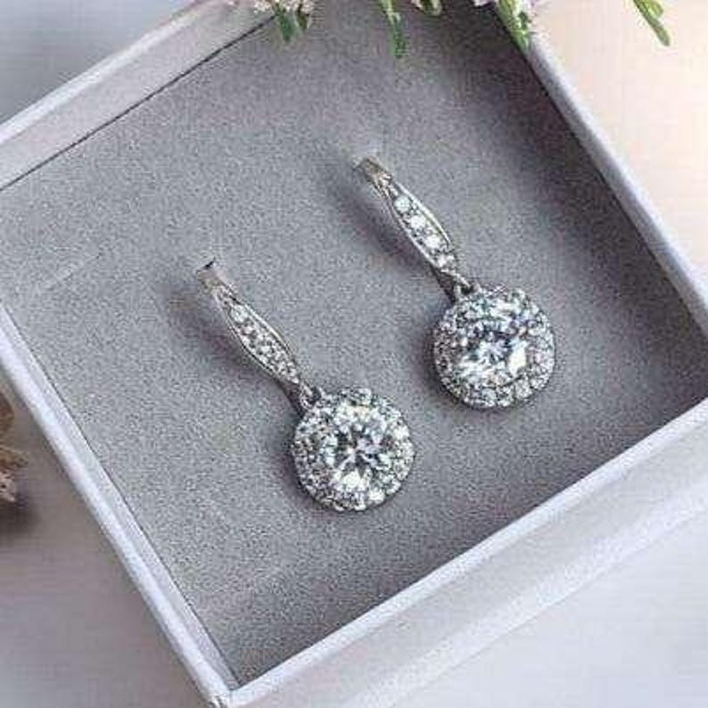 CZ Diamond Halo Earrings-APRIL Birthstone-Wedding Jewelry - - LadybugfeetDesigns -