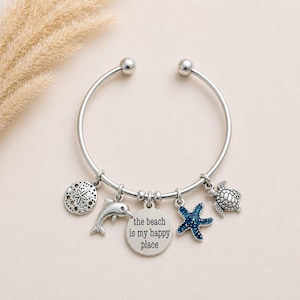 The Beach is My Happy Place Euro Bangle Cuff, Silver - - LadybugfeetDesigns -