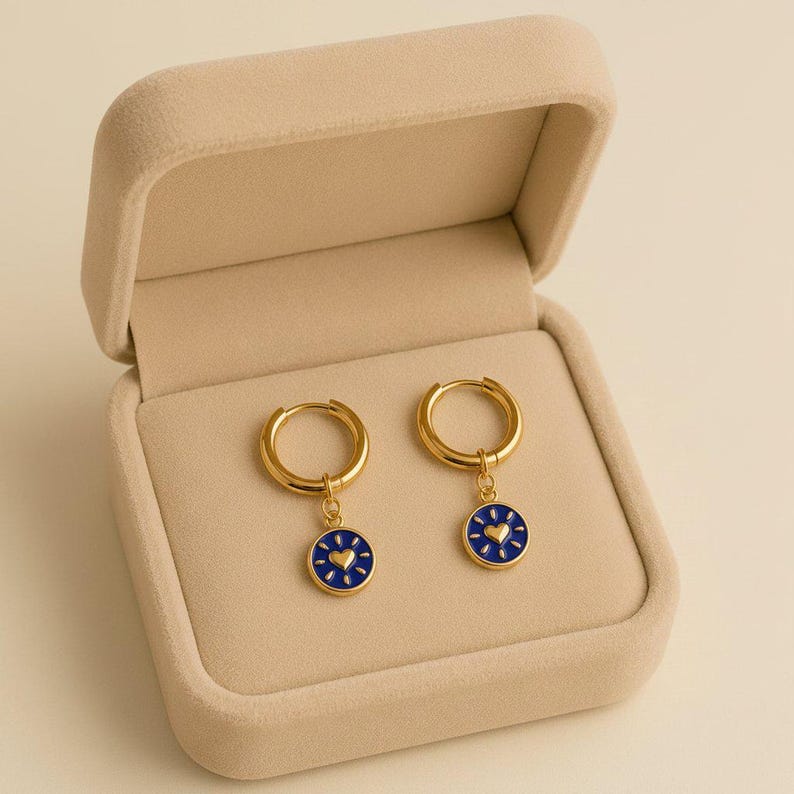 Blue Circle Heart Hoop earrings, Gold - 12mm - - LadybugfeetDesigns -