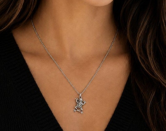 Fancy Rustic Frog Necklace, 20 inches - Silver