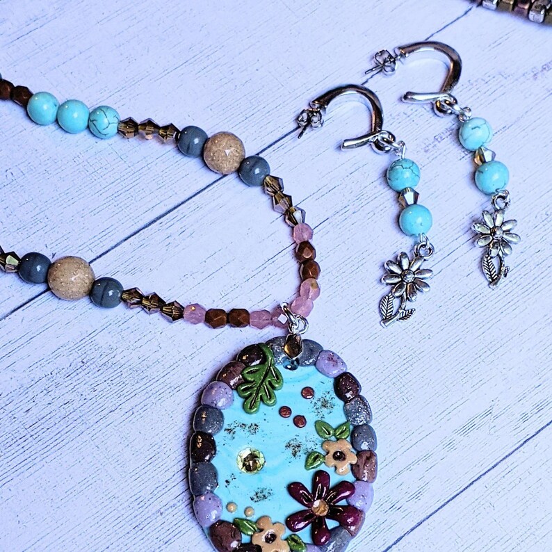 Cobblestone Pond Beaded Necklace / Earring Set, 22 inch - - LadybugfeetDesigns -