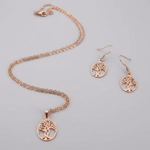 Tree of Life Rose Gold necklace earrings set,18 inch - - LadybugfeetDesigns -