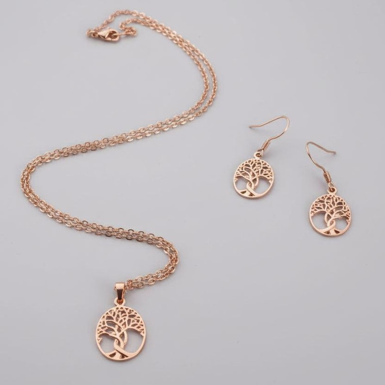 Tree of Life Rose Gold necklace earrings set,18 inch - - LadybugfeetDesigns -