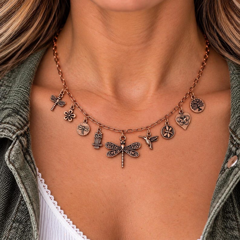 Boho Nature Multi Charm Link Necklace, Antique Copper- 20 inch - - LadybugfeetDesigns -