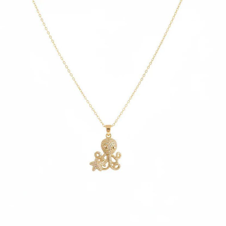 CZ Octopus necklace, Gold - 20 inch - - LadybugfeetDesigns -