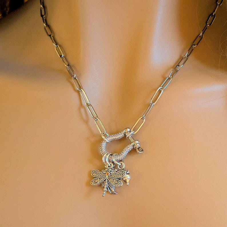 Forest Friends Dragonfly Shackle Clasp Carabiner Necklace, Silver - Adjusts up to 20 inches - - LadybugfeetDesigns -