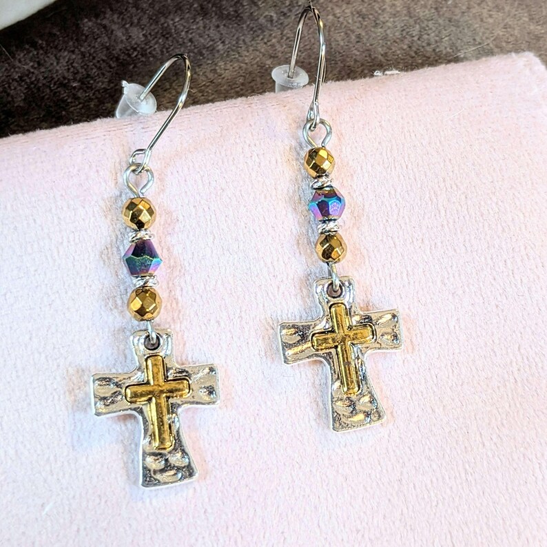 Two-Tone Cross Beaded Earrings - - LadybugfeetDesigns -