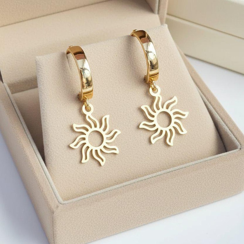 Gold Sun Hoop earrings, 16mm Hoop Drop - - LadybugfeetDesigns -
