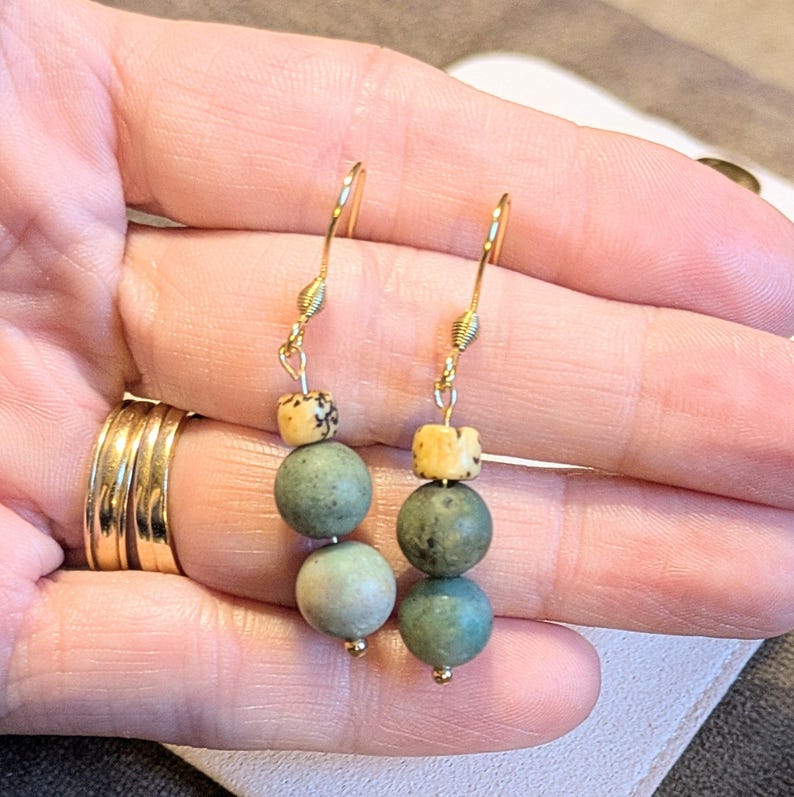Fancy Jasper Beaded Hook Earrings, Gold - - LadybugfeetDesigns -