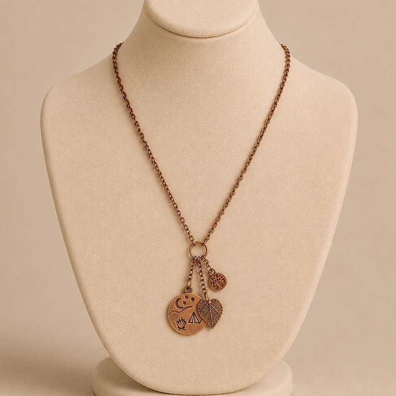 Camping Charm Keeper Necklace, Antique Copper - 18-24 inch - - LadybugfeetDesigns -