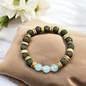 Aquamarine Gemstone Lava Bead Stretch bracelet-MARCH Birthstone - - LadybugfeetDesigns -