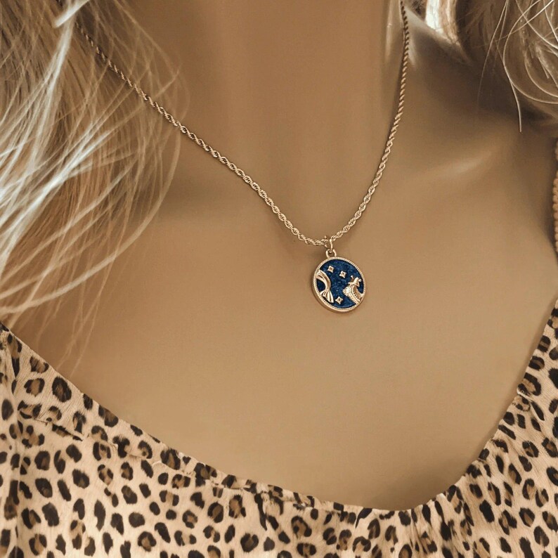 Blue Enamel Zodiac Pendant Necklace, Gold - 20 inches - - LadybugfeetDesigns -