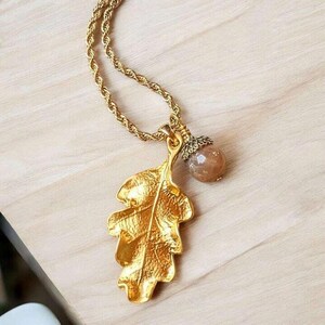 Moonstone Acorn Oak Leaf Necklace, Gold - - LadybugfeetDesigns -