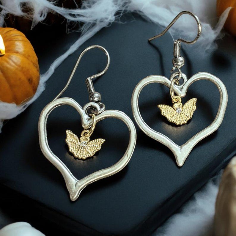 Two-Tone Bat Heart Earrings - - LadybugfeetDesigns -