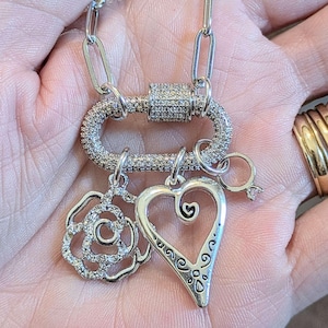 Romantic Rose, Heart, Diamond Ring Carabiner Necklace, Silver - Adjusts up to 20 inches - - LadybugfeetDesigns -
