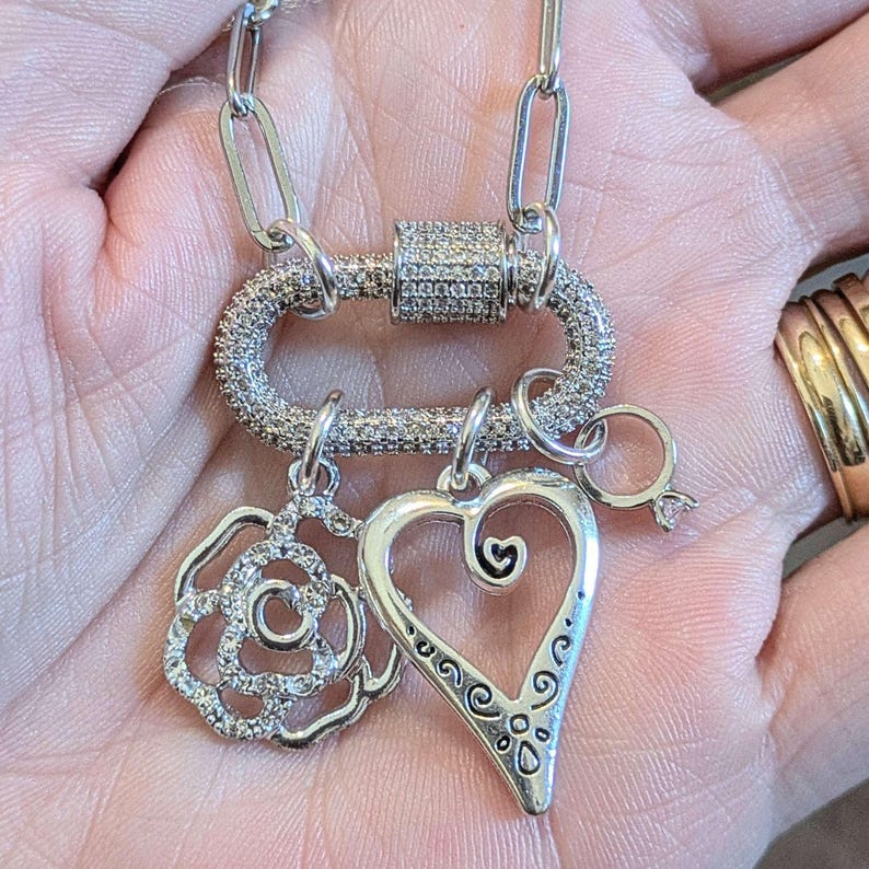 Romantic Rose, Heart, Diamond Ring Carabiner Necklace, Silver - Adjusts up to 20 inches - - LadybugfeetDesigns -