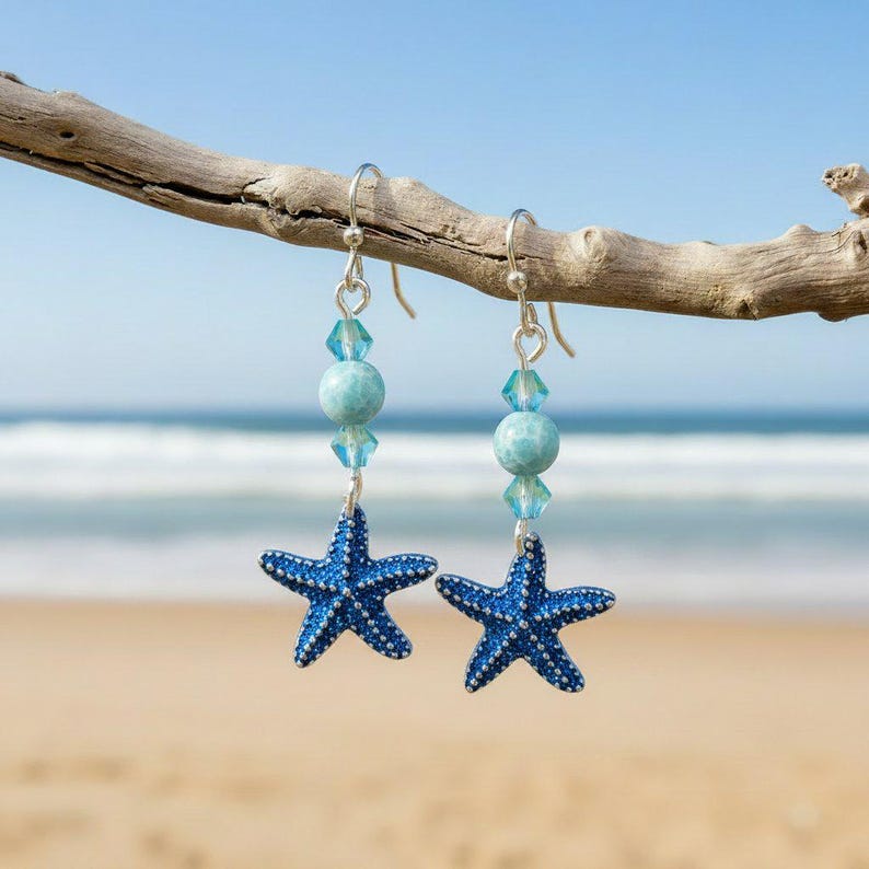 Blue Starfish Larimar Beaded Hook Earrings, Silver - - LadybugfeetDesigns -