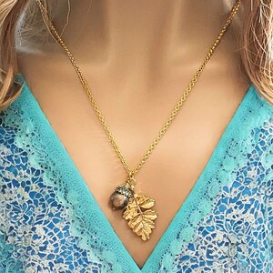 Acorn Oak Leaf Necklace, Gold - - LadybugfeetDesigns -