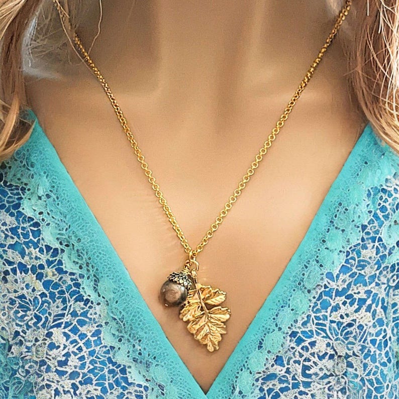 Acorn Oak Leaf Necklace, Gold - - LadybugfeetDesigns -