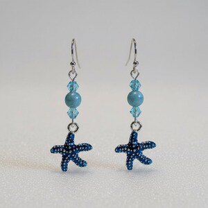 Blue Starfish Larimar Beaded Hook Earrings, Silver - - LadybugfeetDesigns -