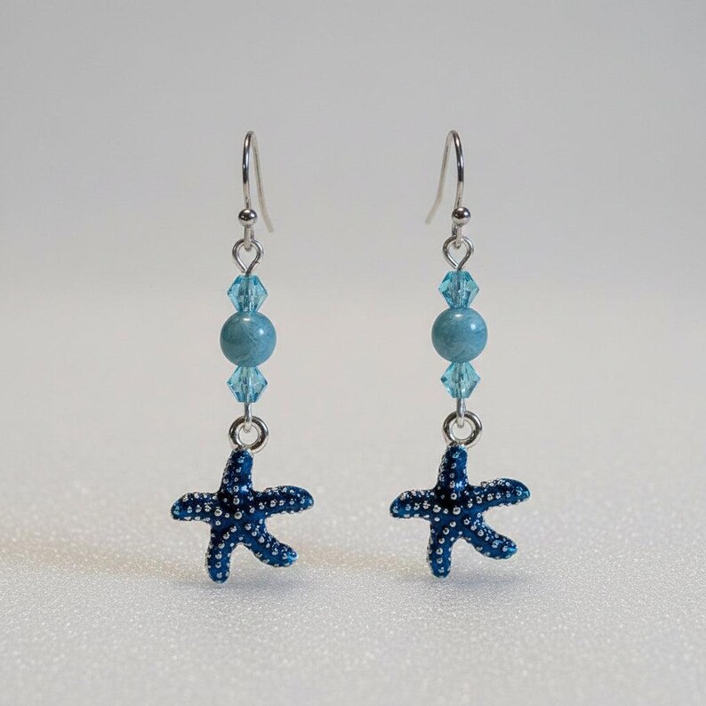 Blue Starfish Larimar Beaded Hook Earrings, Silver - - LadybugfeetDesigns -