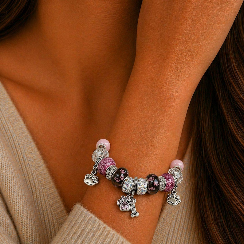 Dog Paw European beaded bracelet - Silver - - LadybugfeetDesigns -