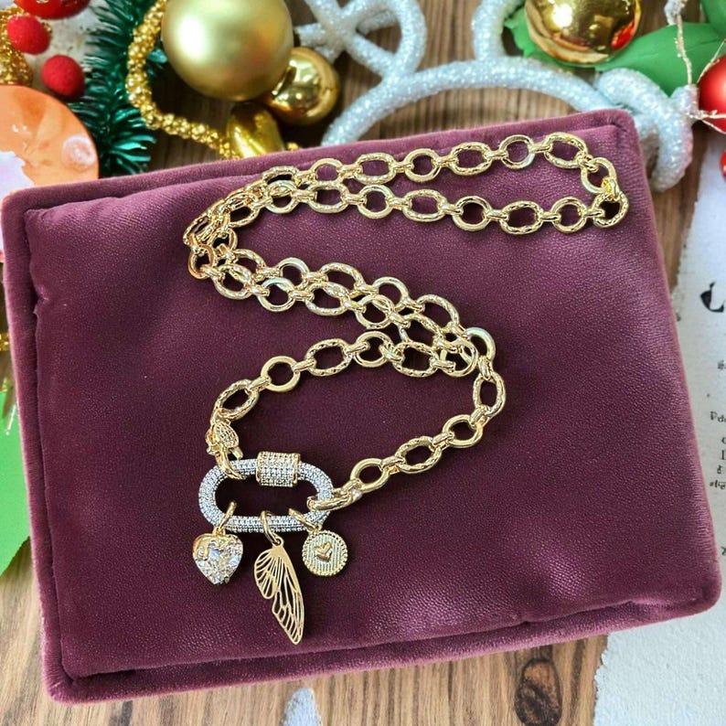 Dragonfly/Fairy Wing, Heart Carabiner Necklace, Gold - Adjusts up to 20 inches - - LadybugfeetDesigns -