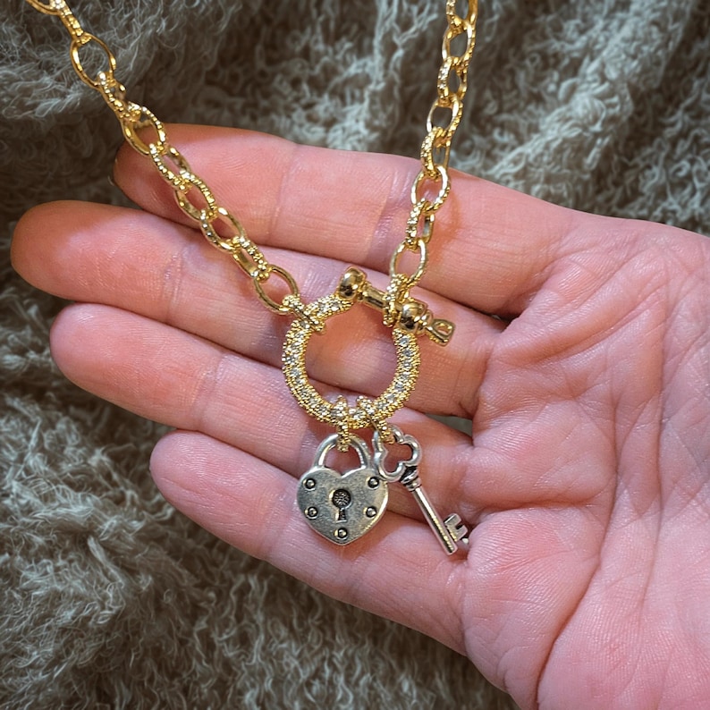 Heart Lock and Key Shackle Clasp Carabiner Necklace, Gold - Adjusts up to 20 inches - - LadybugfeetDesigns -
