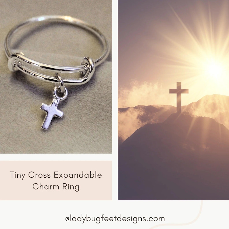 Tiny Cross Expandable Charm Ring, Silver - - LadybugfeetDesigns -