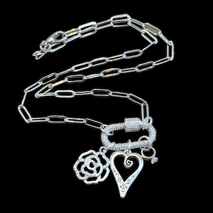 Romantic Rose, Heart, Diamond Ring Carabiner Necklace, Silver - Adjusts up to 20 inches - - LadybugfeetDesigns -