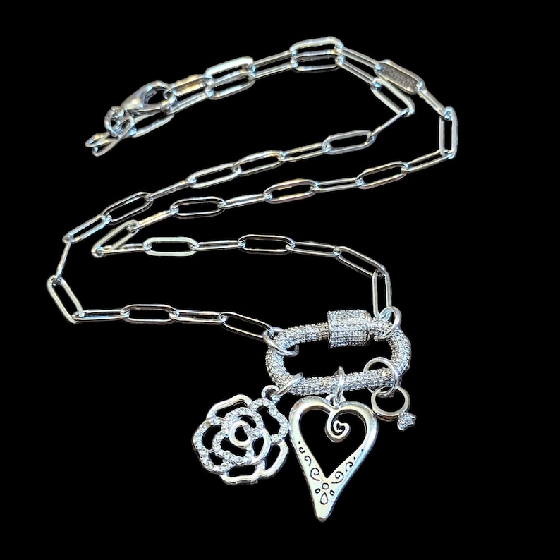 Romantic Rose, Heart, Diamond Ring Carabiner Necklace, Silver - Adjusts up to 20 inches - - LadybugfeetDesigns -