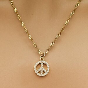 Sparkly Peace Sign necklace, Gold- 20 inch - - LadybugfeetDesigns -