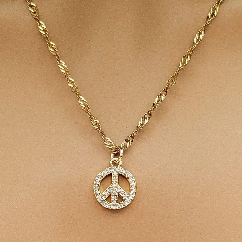 Sparkly Peace Sign necklace, Gold- 20 inch - - LadybugfeetDesigns -