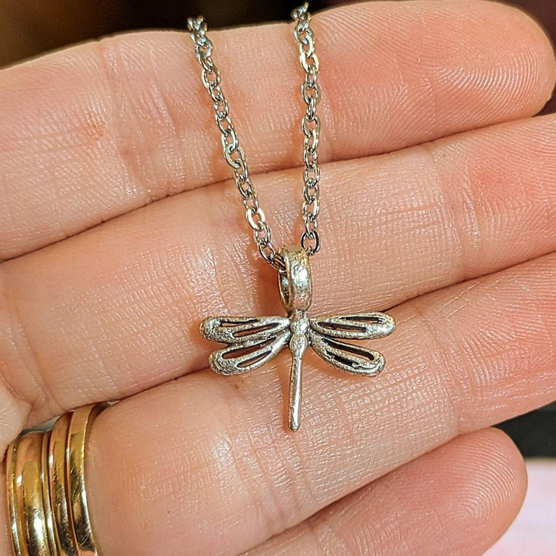 Dragonfly Necklace, Silver - 20 inch - - LadybugfeetDesigns -