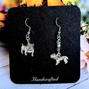 Mismatched English Bulldog crystal hook earrings - - LadybugfeetDesigns -