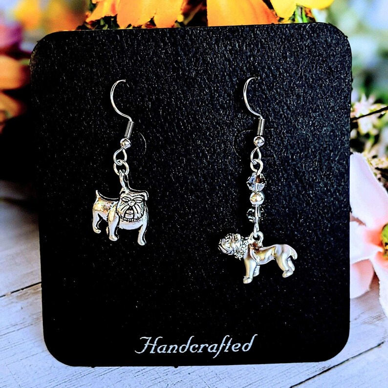 Mismatched English Bulldog crystal hook earrings - - LadybugfeetDesigns -