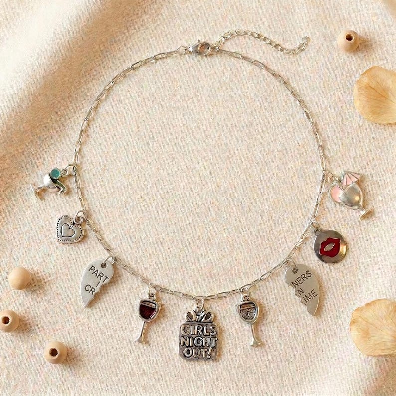 Girls Night Out Multi Charm Link Necklace, Silver - 20 inch - - LadybugfeetDesigns -