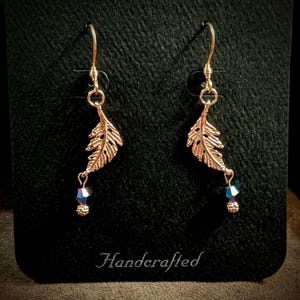 Peacock Crystal Feather Rose Gold dangle earrings - - LadybugfeetDesigns -