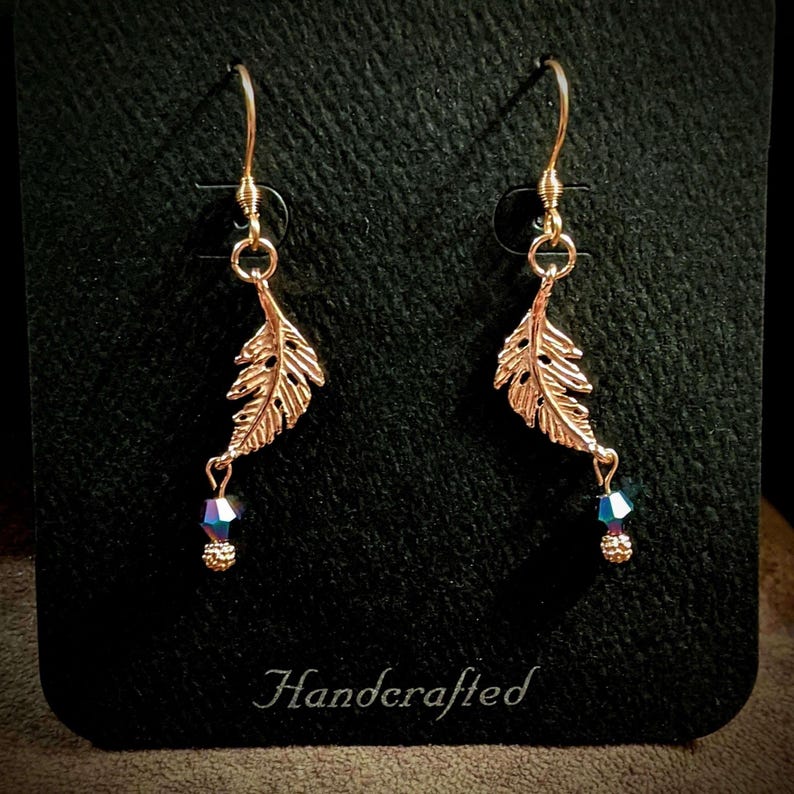 Peacock Crystal Feather Rose Gold dangle earrings - - LadybugfeetDesigns -