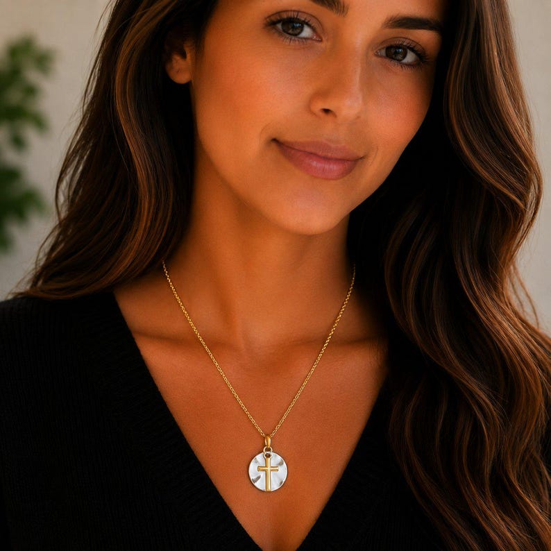 Gold Cross on Silver Two-Tone Necklace, 20 inches - Gold - - LadybugfeetDesigns -