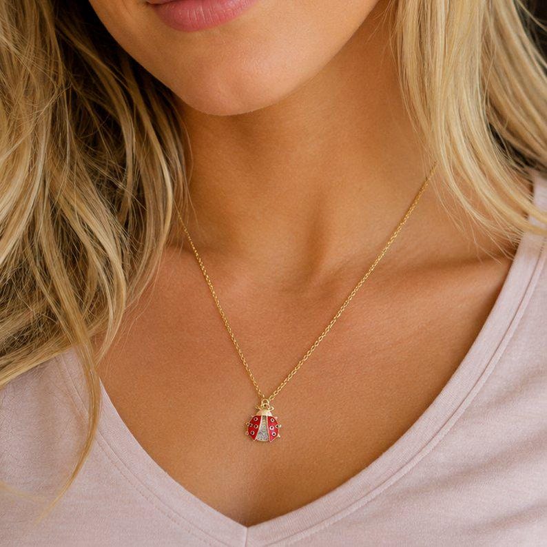 Ladybug necklace, Gold - 20 inch - - LadybugfeetDesigns -