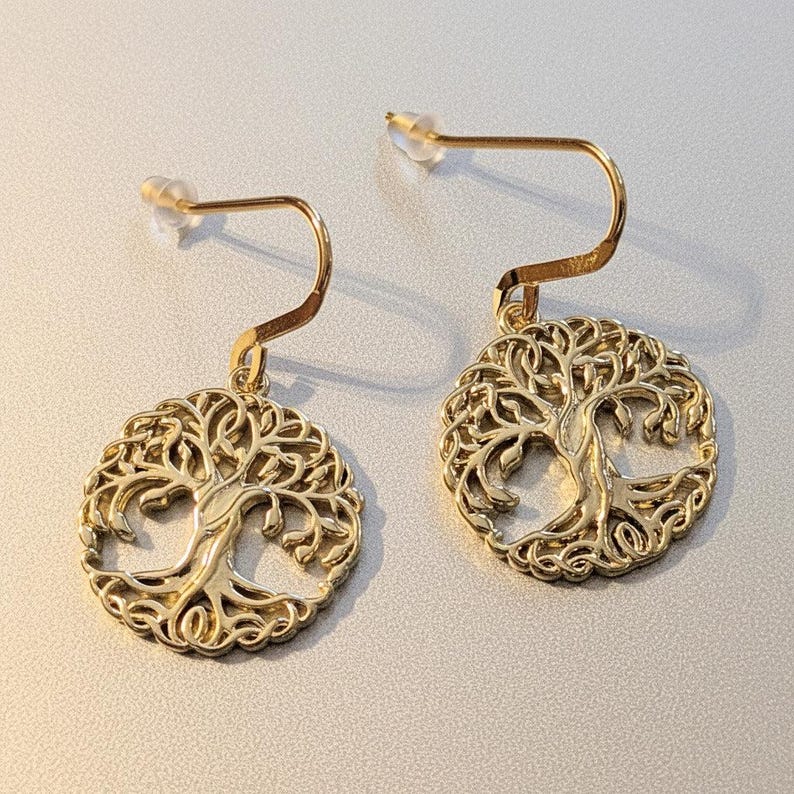 Tree of Life dangle earrings, gold plated - - LadybugfeetDesigns -