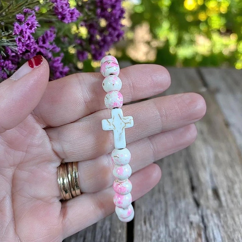 Pink Ivory Beaded Cross Stretch bracelet - - LadybugfeetDesigns -