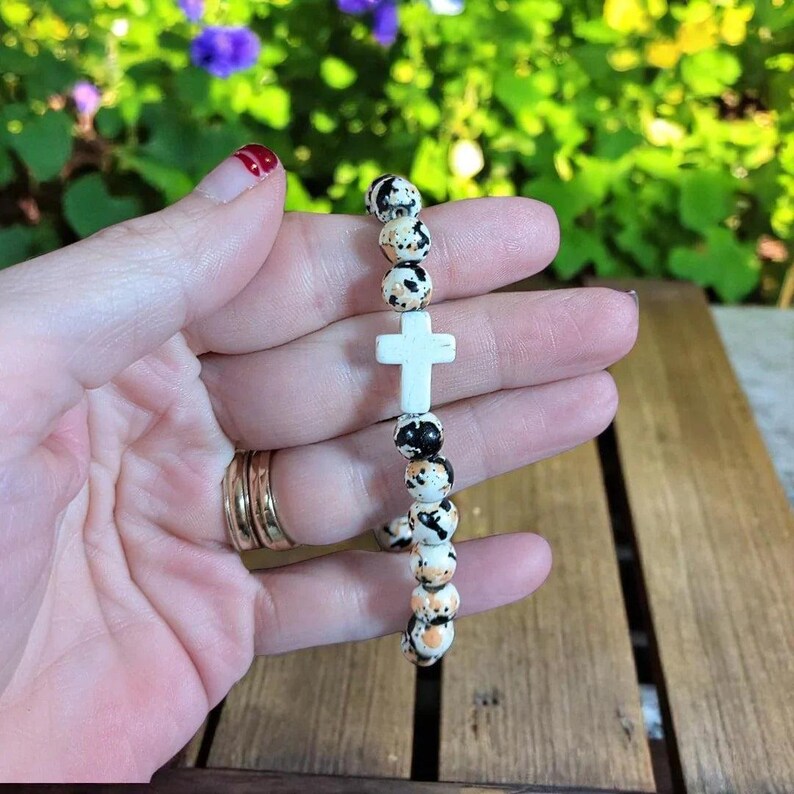 Orange Black Ivory Beaded Cross Stretch bracelet - - LadybugfeetDesigns -
