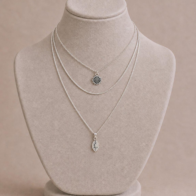 Sunflower Initial Leaf Layered Necklace Set, Silver - - LadybugfeetDesigns -