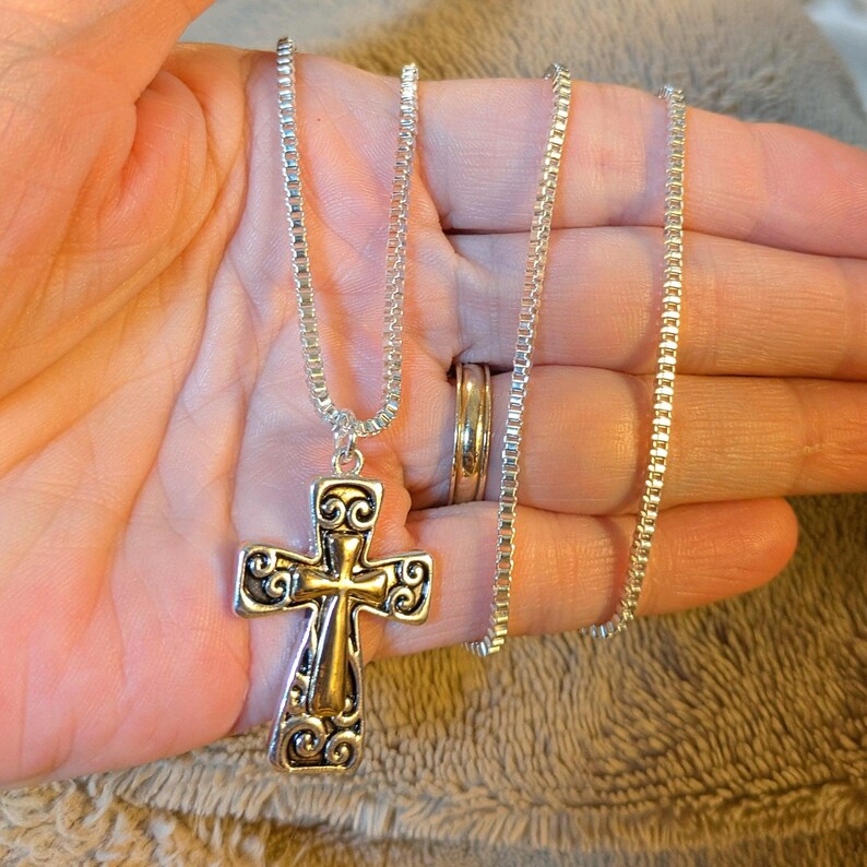 Two Tone Fancy Cross Necklace, Sterling Silver- 24 inches - - LadybugfeetDesigns -
