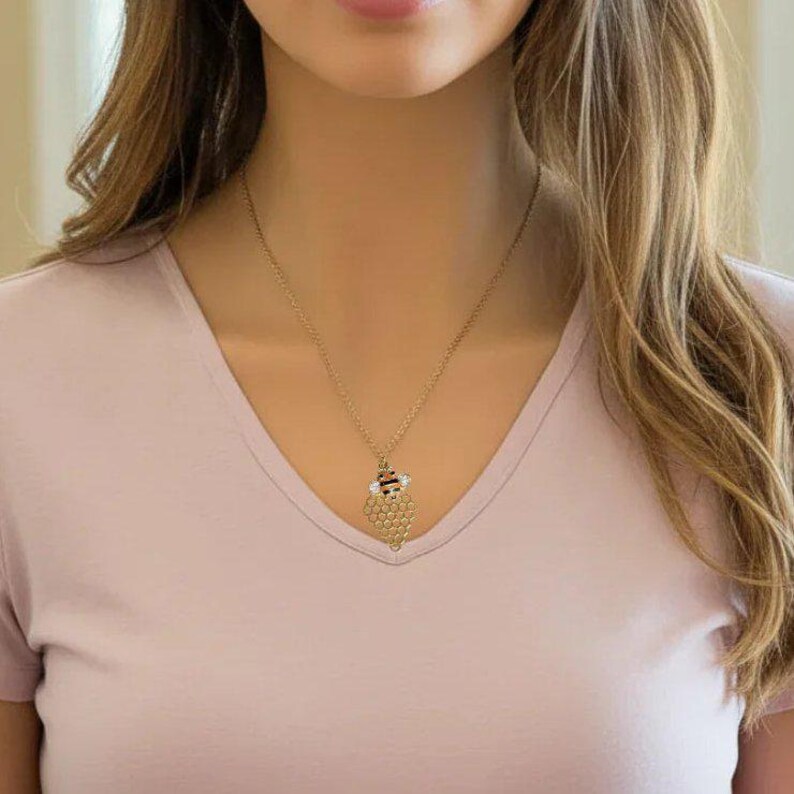 Honey Bee Honeycomb charm necklace and Earring set, Gold - - LadybugfeetDesigns -