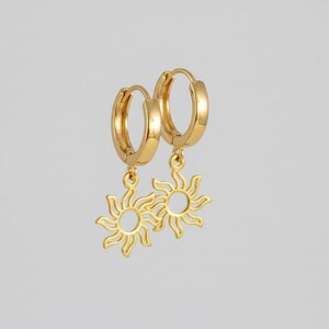 Gold Sun Hoop earrings, 16mm Hoop Drop - - LadybugfeetDesigns -