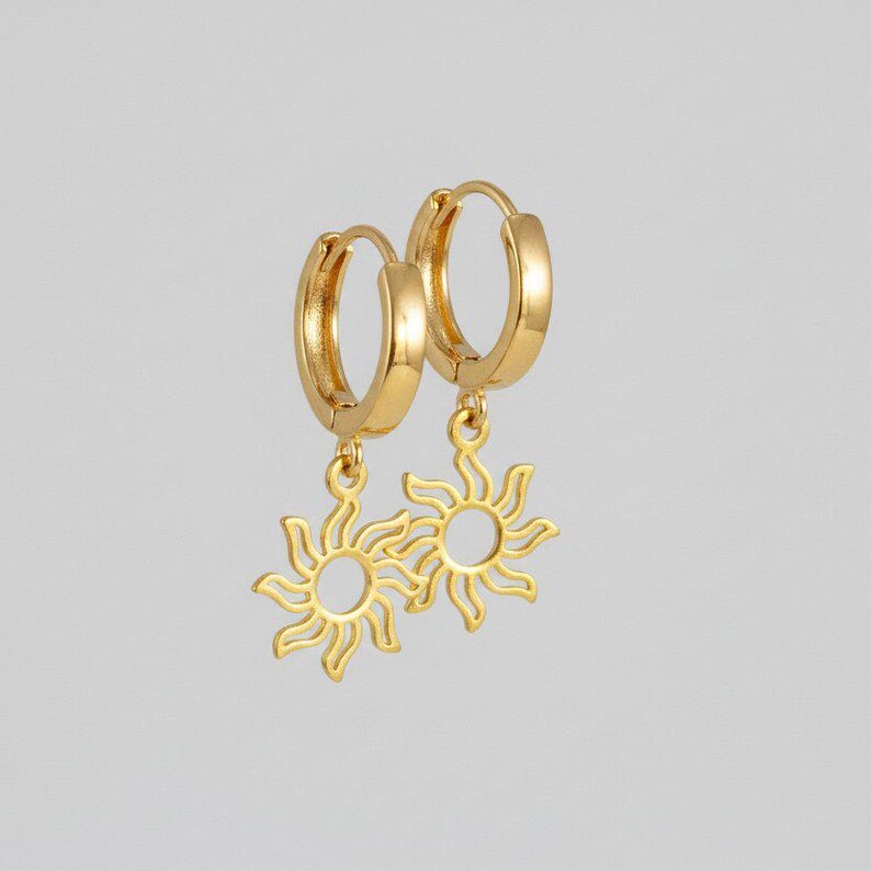 Gold Sun Hoop earrings, 16mm Hoop Drop - - LadybugfeetDesigns -